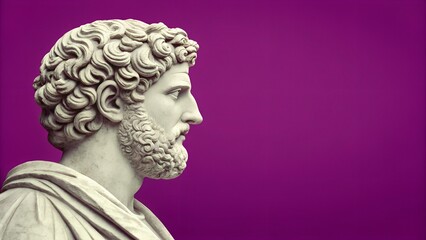 Ancient Greek bust in profile. Copy space. Vibrant purple background highlights neoclassical details.