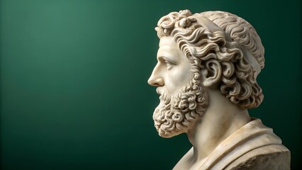 Ancient marble bust of a philosopher in profile. Copy space. Green background enhances classical details.