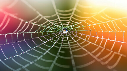 Naklejka premium macro shot of dewdrops on spider web reflecting colorful light