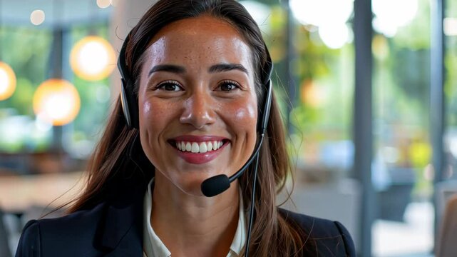 Happy Customer Service Representative Wearing Headset in Modern Office Environment, Engaging Smile, Professional Appearance, Client Interaction Focus