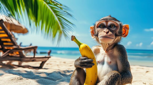 Baby monkey is sitting on the beach holding a banana. The scene is bright and cheerful, with the sun shining down on the monkey and the beach. The monkey seems to be enjoying its time on the beach
