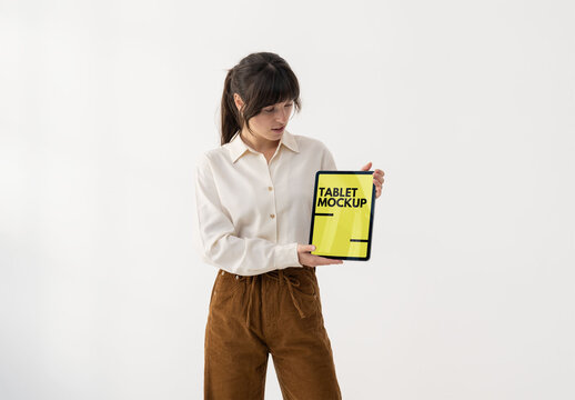Mockup Of Woman Holding Customized Digital Tablet