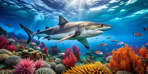 Fototapeta premium A Majestic Shark Gracefully Swims Above a Vibrant Underwater Reef Ecosystem, Surrounded by Colorful Coral and Diverse Marine Life