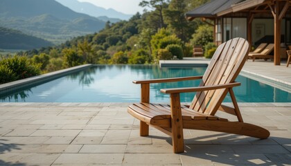A beautifully crafted wooden lounge chair with a smooth painted finish, positioned in front of a serene pool beside a house, surrounded by breathtaking natural scenery