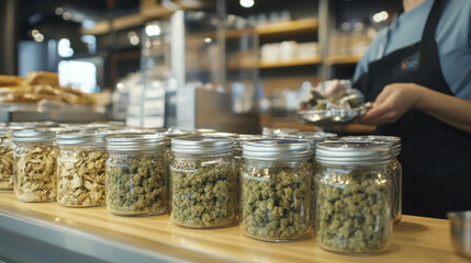Fresh cannabis products displayed in jars, ready for weighing and sale. atmosphere is vibrant and inviting, showcasing variety of strains and preparations