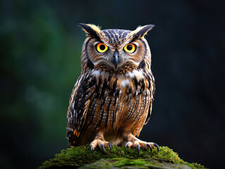 Majestic owl with glowing eyes perched on mossy branch in forest