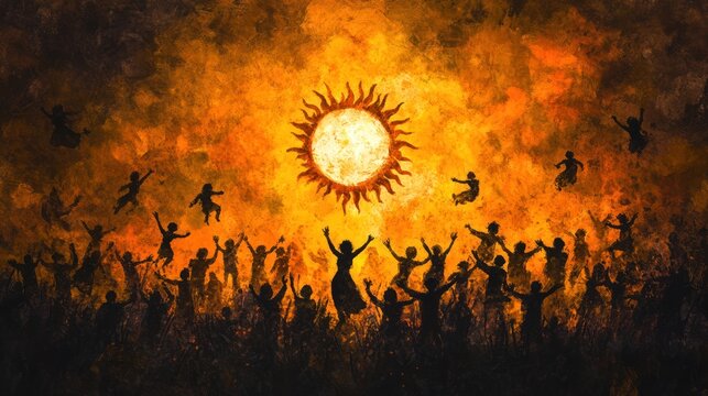 Sun God's Radiance at South Indian Pongal Festival - Vibrant Watercolor Art Capturing Warm Celebratory Vibes