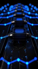 Futuristic blue circuit design featuring glowing elements on a dark background.