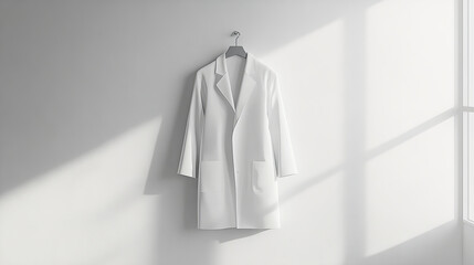 Minimalist lab coat hanging on clean wall with sunlight