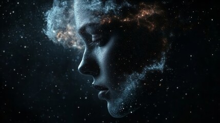 A cinematic photograph of the face of an woman, made of stardust, floating in space with stars and galaxies around her.