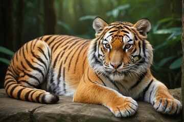 Fototapeta premium there is a tiger that is laying down on a rock