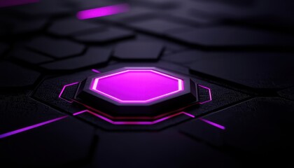 Fototapeta premium Futuristic hexagonal design with neon purple accents on a dark surface.