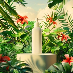 an advertising scene, a cream package on a circular podium surrounded by tropical plants
