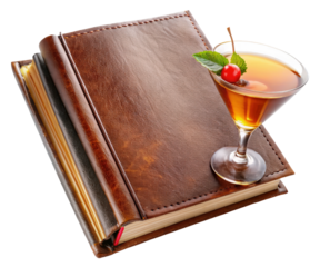 Cocktail in a glass on a book on a transparent background