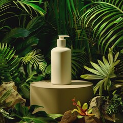 mockup of cosmetic packaging on a background of green exotic flowers and plants with studio light