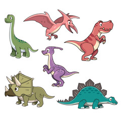 Bundling of dinosaur cartoon illustrations. T-rex, triceratops, stegosaurus, pteranodon, ornithopods, brontosaurus characters.  © Alengka