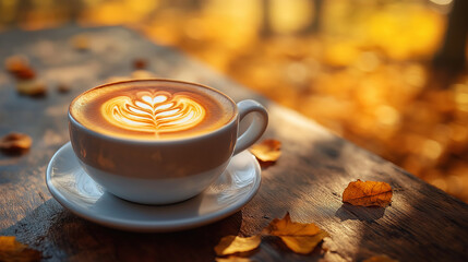Warm coffee cup adorned with delicate latte art resting on wooden table surrounded by autumn leaves at sunrise