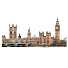 Obraz premium Iconic view of Big Ben and the Houses of Parliament along the River Thames in London during daylight, The iconic Big Ben and the Houses Parliament in London, Transparent background