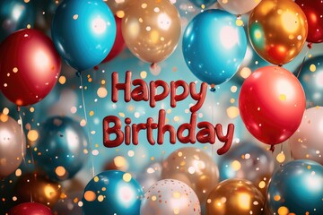 Colorful balloons floating with happy birthday message celebrating a joyful occasion