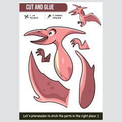 Cute cartoon animal pteranodon cut and glue worksheet for kids. Fun and educational flying dinosaur activity.  © Alengka