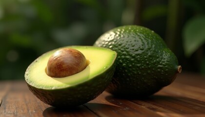 Close-up of fresh avocado with one half showing seed. Ideal for food-related content, healthy eating promotions, or culinary blogs.