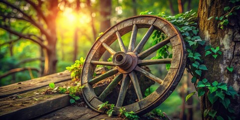 Rustic Wooden Wagon Wheel Resting Against a Tree Trunk in a Sunlit Forest Setting