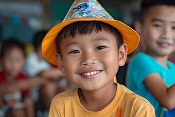Wear A Hat Day. Cheerful group of children in colorful winter hats.