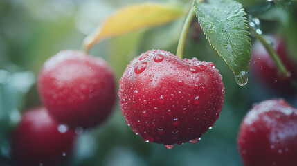 Lush cherries glistening with raindrops against a backdrop of vibrant green leaves in a rustic orchard