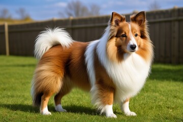 Fototapeta premium arafed dog standing in a grassy field with a fence in the background