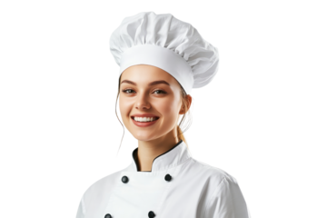 Smiling female chef in professional white uniform and hat isolated on white or transparent, PNG