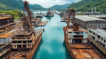 Obraz premium Rusty Ships in a Derelict Harbor