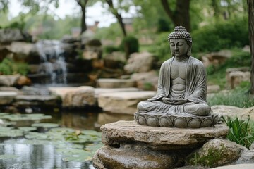 Buddha statue meditating peacefully in tranquil garden setting with waterfall