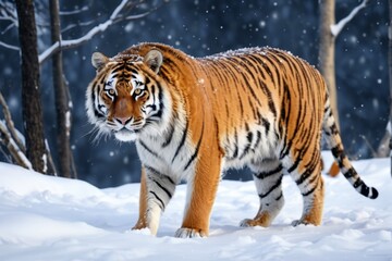 Obraz premium there is a tiger walking through the snow in the woods