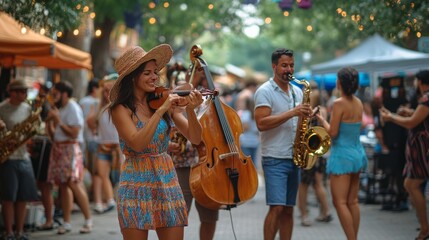 A vibrant street festival with live music, dancing, and people enjoying the festive summer atmosphere