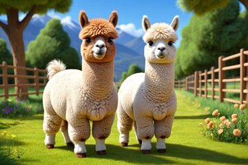 Fototapeta premium there are two llamas standing next to each other in a field