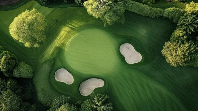 Aerial view of a golf course with lush greenery and sand traps, showcasing a serene landscape. Ideal for a nature-themed video backdrop.