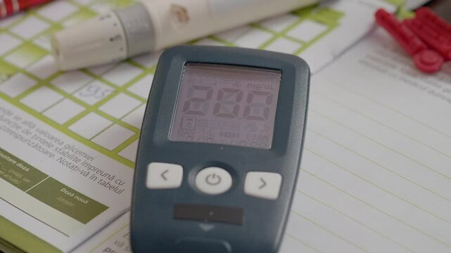 A glucometer displays a high blood sugar reading of 200 mg/dL during a test. This indicates possible diabetes or prediabetes requiring immediate attention.