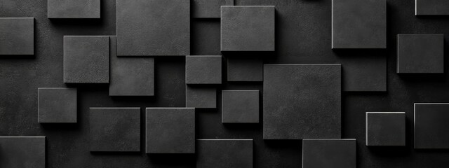 Abstract minimalist wallpaper with sharp squares and circles on black background. Banner template with white center text area. Ideal for modern designs.