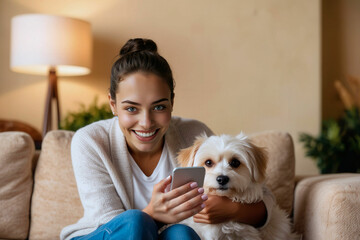 Young woman using smartphone in the comfort of her home with her dog beside her