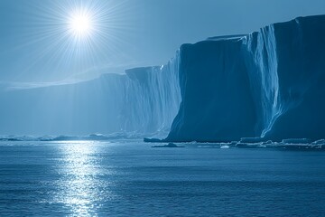 Arctic glacier cliffs, sunlit ocean, icebergs, polar landscape, climate change backdrop