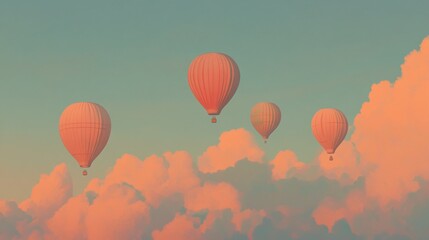 Obraz premium Four hot air balloons soar above sunset cloudscape