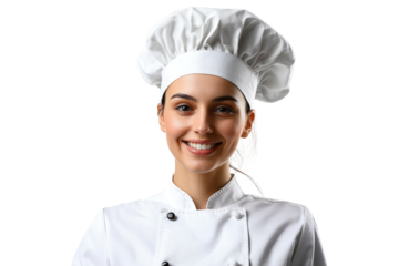 Smiling female chef in professional white uniform and hat isolated on white or transparent, PNG