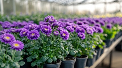 Purple asters growing in pots in greenhouse nursery
