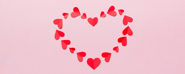 beautiful red heart frame. Valentine day background top view with copy space