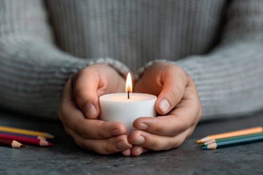 National Pencil Day. Hands gently holding a lit candle, symbolizing hope, peace, and remembrance.