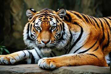 Fototapeta premium there is a tiger that is laying down on a rock