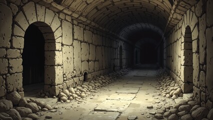 Illustration of an empty ancient crypt, the corridor is damp and dark
