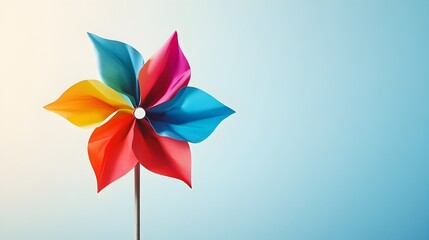 Colorful Pinwheel Against a Soft Blue Background with copyspace