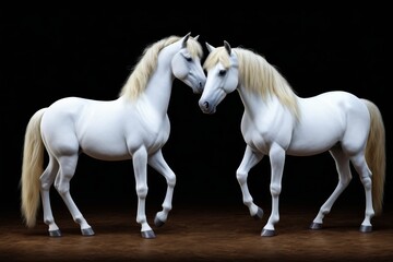Fototapeta premium there are two white horses standing next to each other on a black background
