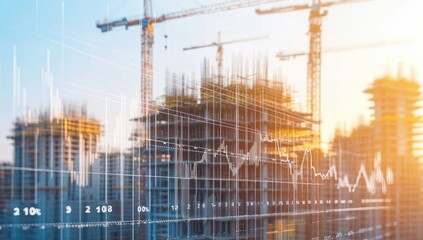 Construction site with financial data overlaid